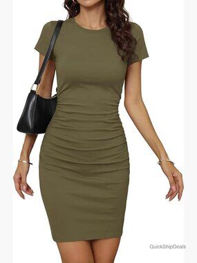 Summer Bodycon Ruched Short Sleeve Crewneck Mini Dress